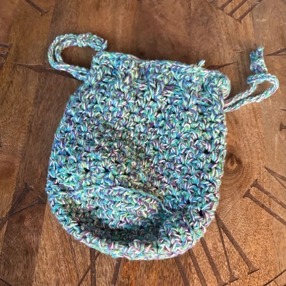 New! Handmade Crochet Blue Drawstring Bag - Picture 2 of 3